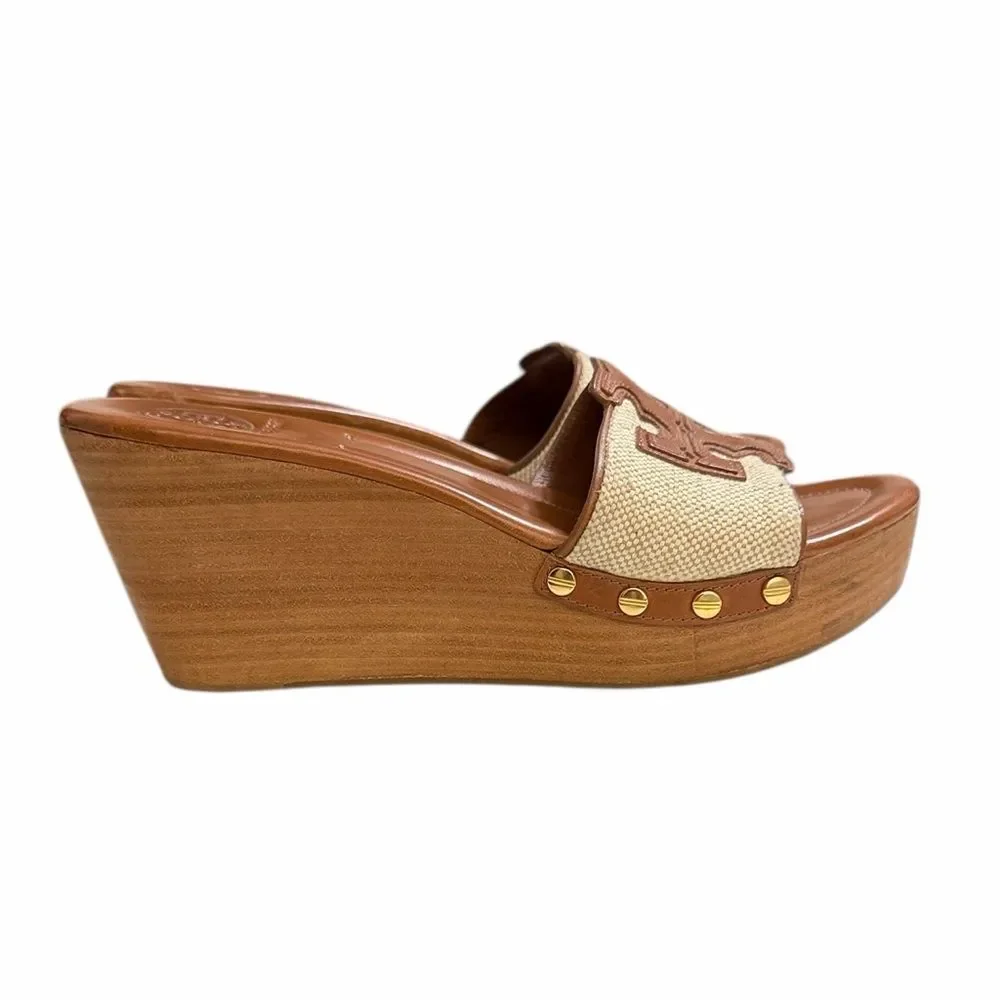 Tory Burch Brown and Tan Wedge Slide Sandals Size 7.5